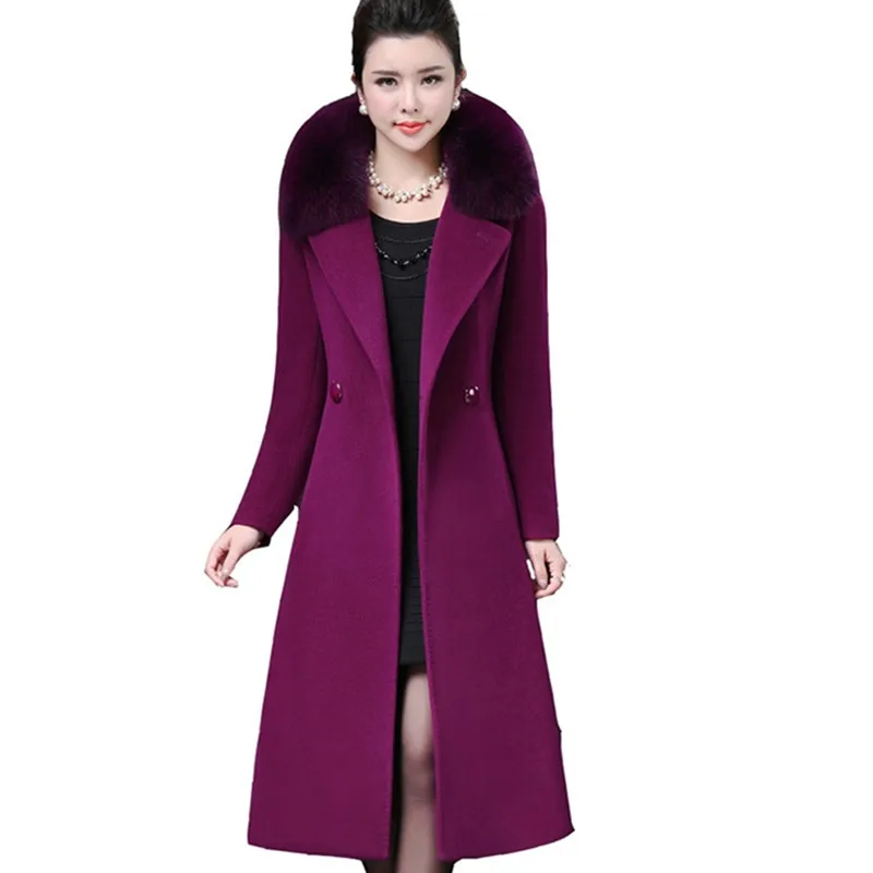 Женская шерстяная ветровка с воротником из лисьего меха средней длины|fur collar wool