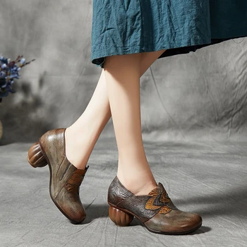 

Women Genuine leather Retro Single Shoes Vintage Thick High heels Round Toe Handmade Pumps Women's Shoes 2020