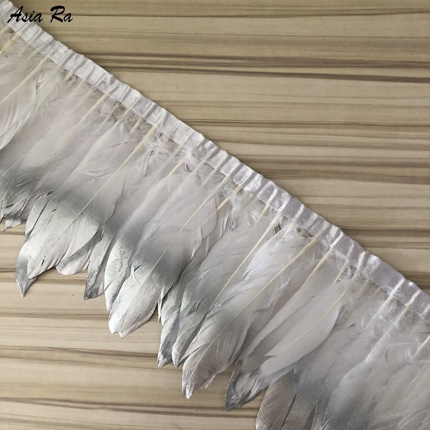 

4M Dyed White Goose Feather Trims Real Silver Spray Geese Feathers Fringes Ribbons Dress Belt 15-20CM 6-8 Inch Width DIY Clothes