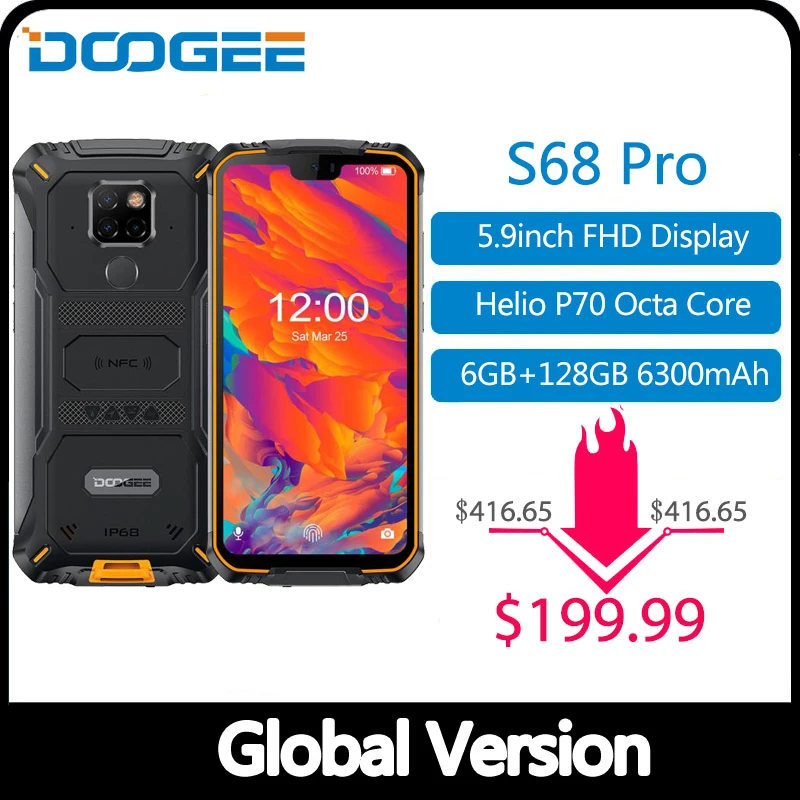 IP68 Waterproof DOOGEE S68 Pro Rugged Phone Wireless Charge NFC 6300mAh 12V2A Charge 5 9 inch 1