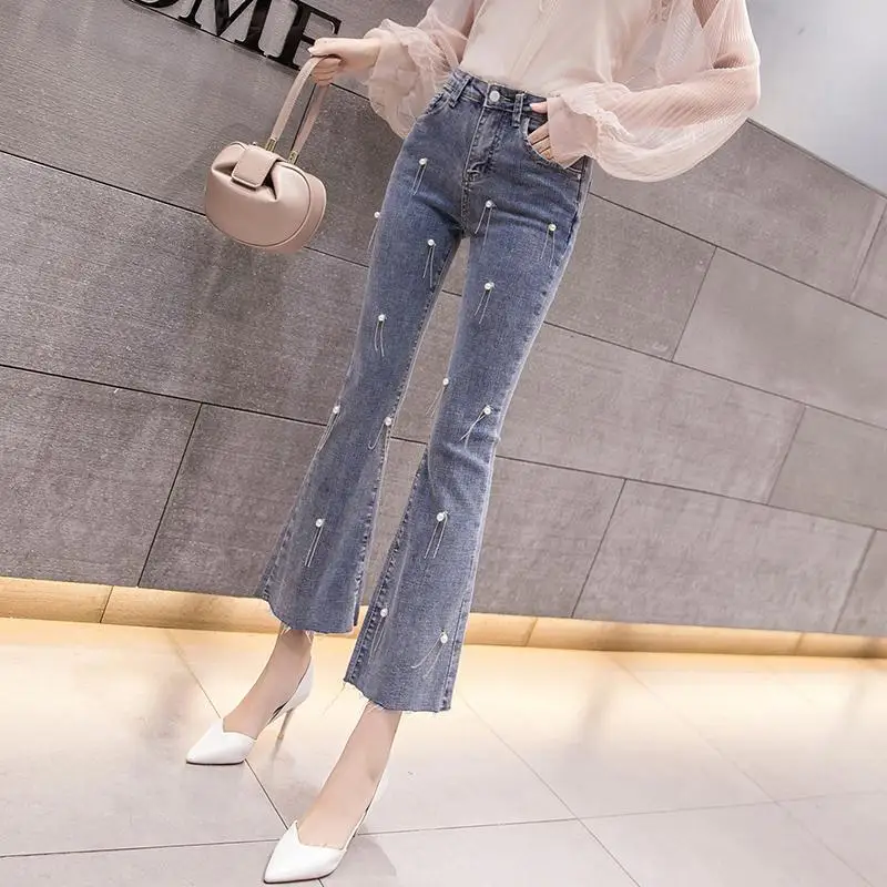 

Женские джинсовые брюки, весенние брюки с высокой талией и бусинами, расклешенные брюки, подвесные женские брюки