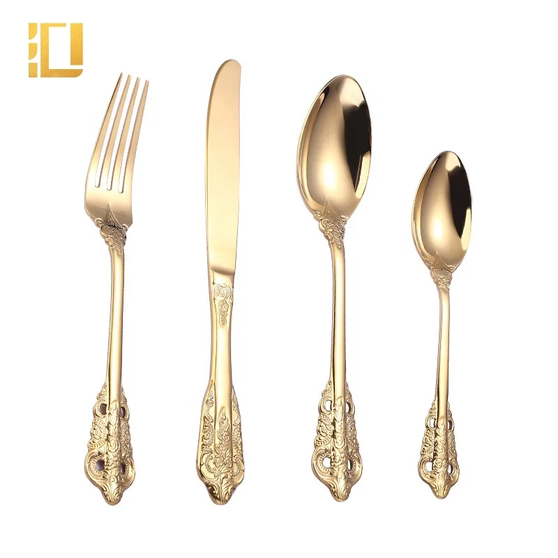 

24Pcs Baroque Style Royal Cutlery Set Gold Luxury Dinnerware Stainless Steel Knife Fork Spoon Tableware For Dishwasher Safe