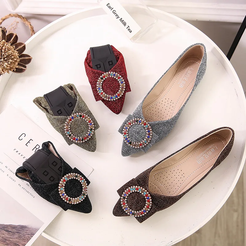 

bling bling crystal bow flats women single shoes autumn pointed toe shallow plus size casual loafers comfy soft bottom moccasins