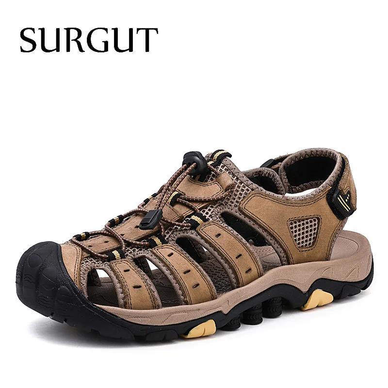 02 Light Brown SURGUT/Новинка года; Мужская обувь; мужские сандалии из натуральной кожи; Летняя мужская обувь; пляжная обувь; мужские модные уличные повседневные кроссовки; размер 48 - Цвет: 02 Light Brown