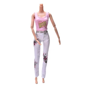 

1 Set= Pink Tank+ White fashion Pant Suits For Barbie Summer Cartoon Print Dolls Clothing For Girls Toy Gifts high quality