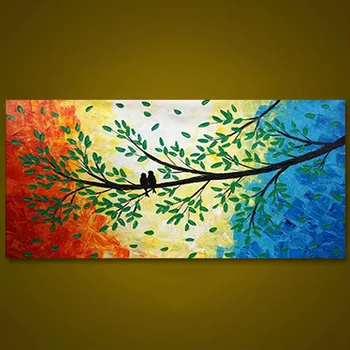 

Modern Unframed Panel Colorful Tree BirdsHand Painted Oil Painting Home Wall Art Canvas Unique Gift For Wedding Decoration