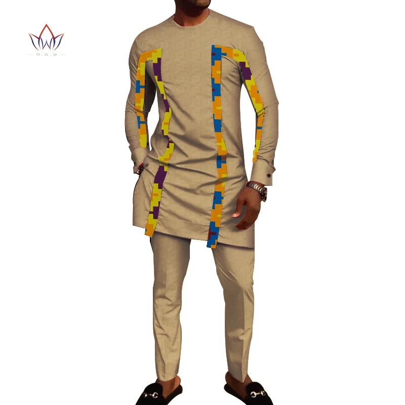 Bazin Riche/мужские комплекты из 2 предметов со штанами, африканский дизайн, одежда в африканском стиле, повседневный Мужской Жаккардовый Топ, рубашки и штаны, комплекты WYN710 - Цвет: 18
