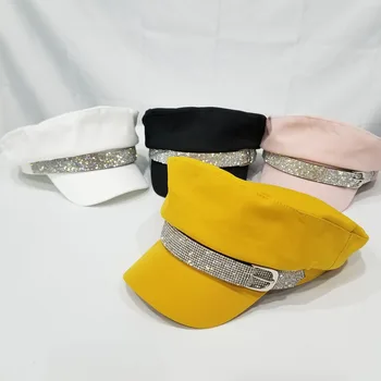 

Glitter Rhinestone Belt Military Hats Creative Pin Buckle Design Cotton Octagonal Caps Women Beret Hats Trendy Party Wild Hats