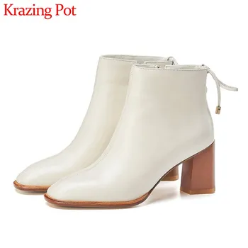 

Krazing Pot large size elegant fashion lace up genuine leather round toe high heels solid winter women classic ankle boots L0f3