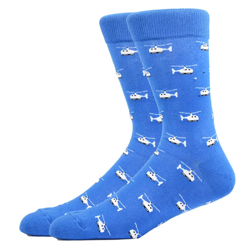 Men Happy Cotton Socks Funny Transportation Design Crew Socks Bicycle Car Helicopter Embroidery Male Skateboard Socks