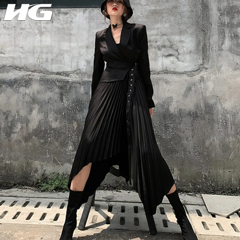 HG костюм поддельные два платья женские черные с длинным рукавом Плиссированные