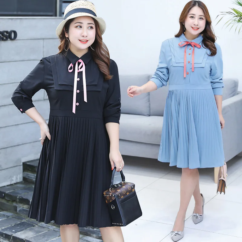

2019 Autumn Clothing New Style Large GIRL'S Plus-sized WOMEN'S Dress Slimming French Retro Platycodon Grandiflorum Full Body Dre
