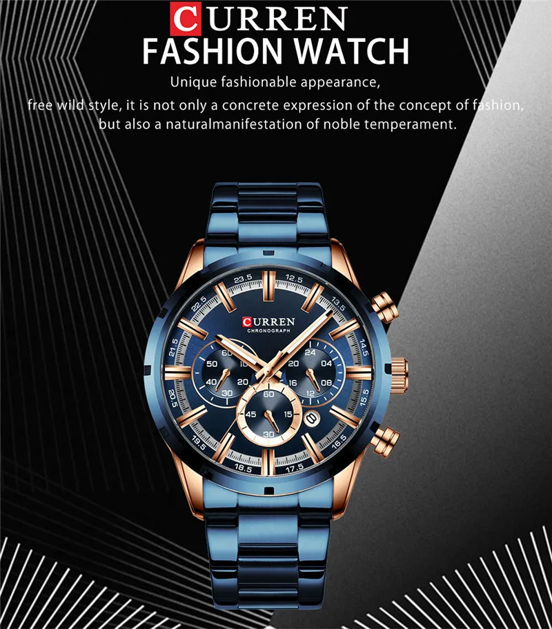 CURREN Мужские спортивные наручные часы водонепроницаемые хронограф мужские военные армейские часы лучший бренд Роскошные Синие мужские часы из нержавеющей стали 8355