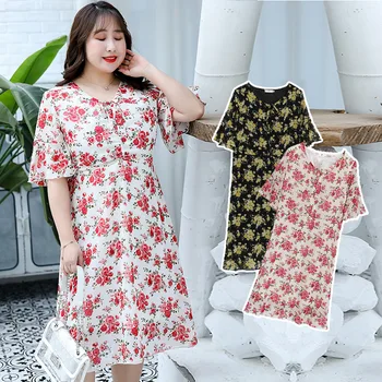 

Women's spring solid color chiffon printed bow dress plus size knee casual dress 100 kg can be worn