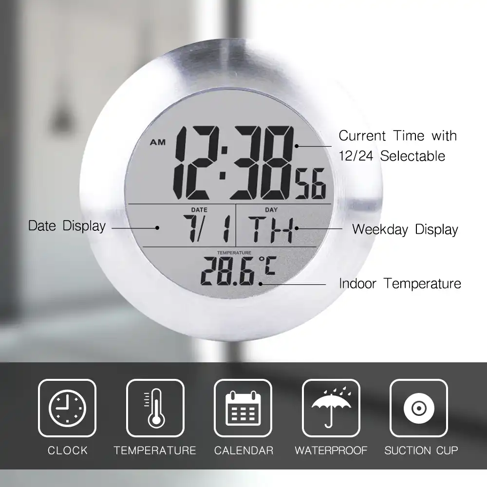 Praktis Layar Tahan Air Kamar Mandi Digital Wall Clock Suhu