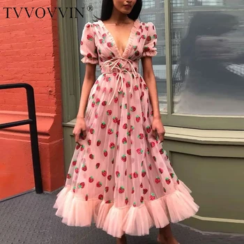 

TVVOVVIN Women Dress Mesh Puff Sleeve V-neck Print Dresses Pink Sexy Vintage Mesh Dresses 2020 Fashion Women Summer Clothes BF3E