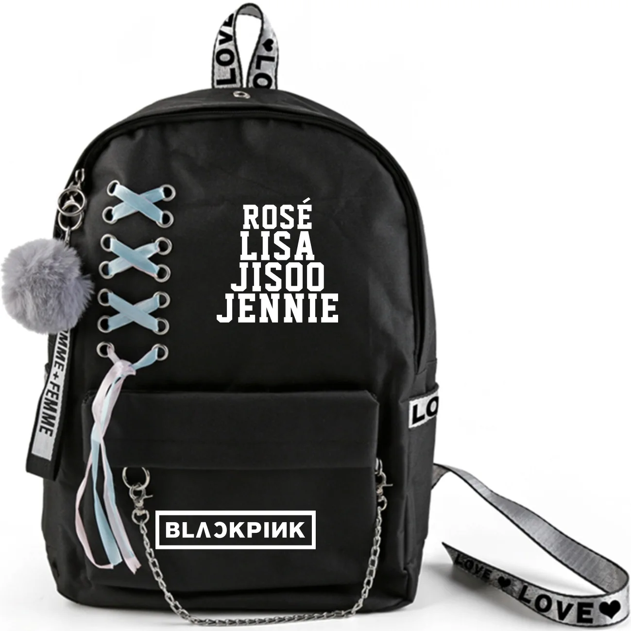Kpop Черный розовый рюкзак большой емкости школьная сумка с перекрещенной лентой плюшевый шар кулон Travel JENNIE JISOO Лиза Роза дорожная сумка - Цвет: BLACKPINK-2