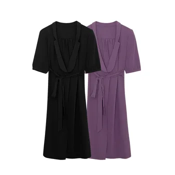 

Two Solid Color Women's Lace-up Wrap Midi Dress Puff Sleeve Retro V-neck Long Dresses
