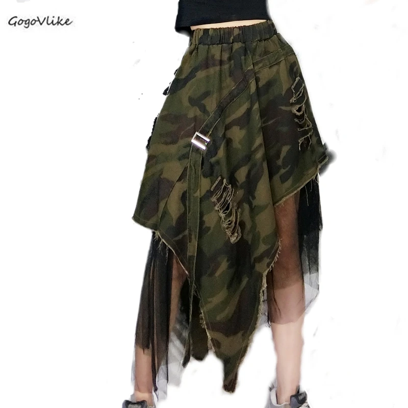 Сетчатая комбинированная Новинка, весенне-летняя юбка с эластичной талией в стиле панк и леопардовой расцветки, женская модная Асимметричная камуфляжная юбка, SA520S30
