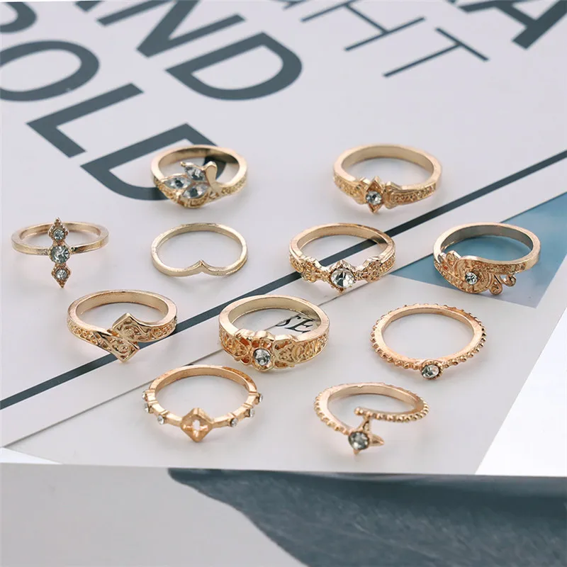 VAGZEB Vintage Crystal Flower Rings For Women Fashion Retro Geometric Gold Color Knuckle Ring Set Statement Jewelry Gifts