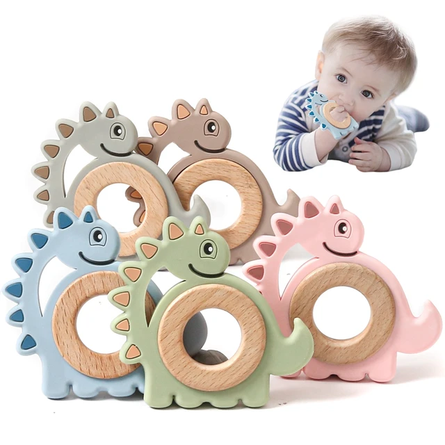 1Pc Baby Silicone Beech Wood Teether Rattle Cute Dinosaur Shape Teething Toys Food Grade Infant Chewable Nursing Pendant Gifts 1