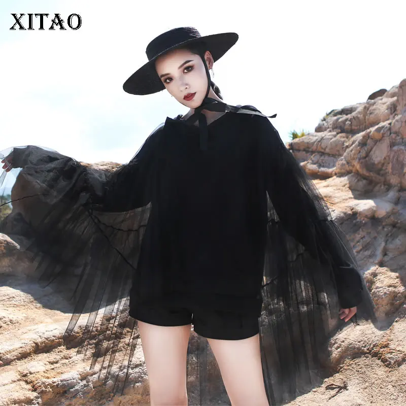 XITAO Tide, сетчатая шляпа в стиле пэтчворк, толстовка, винтажная, с длинными рукавами, модная, свободная, повседневная, большие размеры, женская