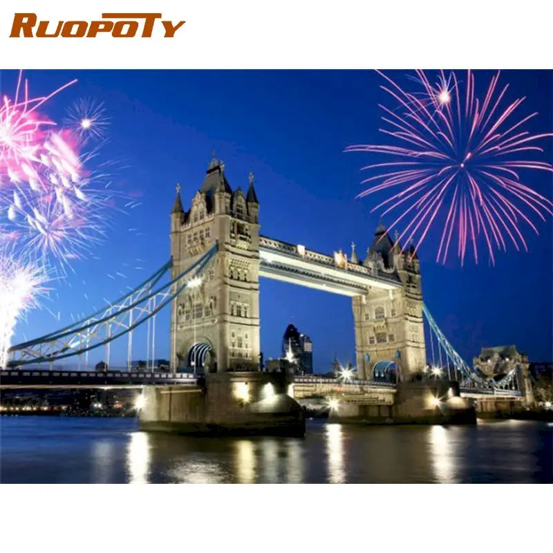 

RUOPOTY Fireworks Bridge Frame Painting By Numbers Landscape Canvas Colouring Handpainted Diy Gift Home Wall Decor