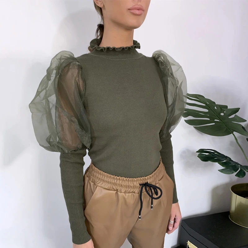 Dulzura women blouse shirts ruffles ribbed mesh elegant long puff sleeve turtleneck autumn winter party clothes office OL