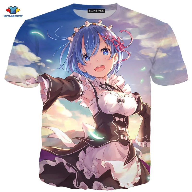 Футболка SONSPEE мужская с коротким рукавом модная рубашка аниме Re:zero Twin Ram Rem костюм