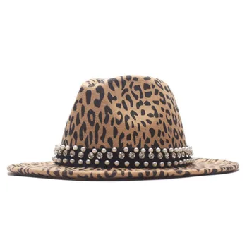 

Fashion New Leopard Print Fedora Wool Hat Ladies Wide Brim With Pearl Ribbon Jazz Hat Men Panama Retro Trilby Hat