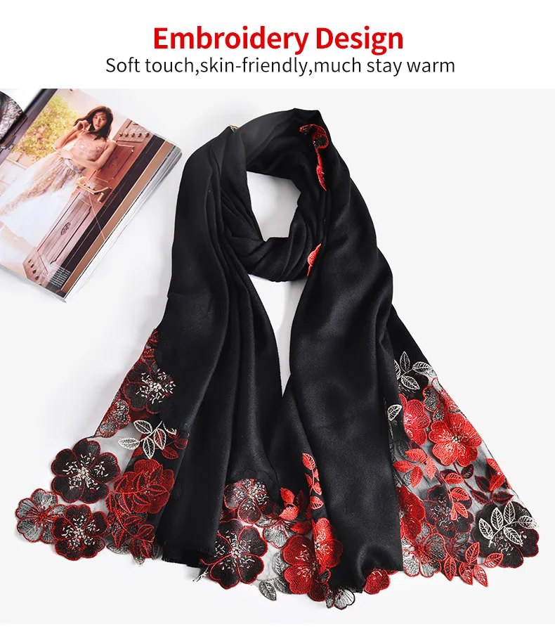 Women Wool Embroidery Scarves for Wedding Brand Shawls and Wraps Ladies Bride Bridesmaid Pashmina Winter Wool Scarfs