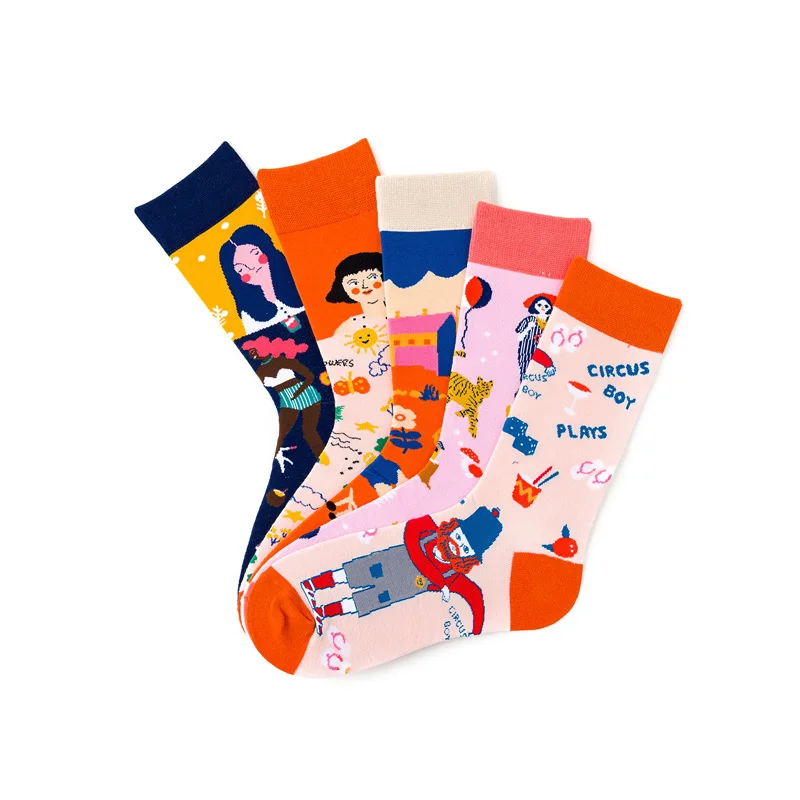 New Happy Mens Socks Women Cartoon Girls Print Combed Cotton Funny Crew Sock Skateboard Cycling Running Wedding Christmas Gifts