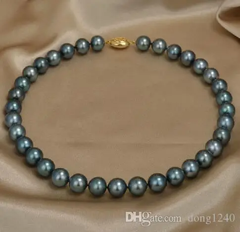 

Great South Sea NATURAL 9-10MM black green pearl necklace 18 inches 925 silver gold brooch