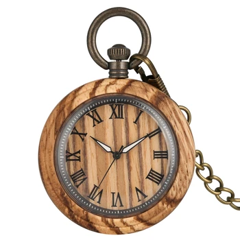 

Retro Zebra Wood Quartz Pocket Watch Roman Numbers Dial Luminous Needle Wooden Watch Clock FOB Chain Jewelry Gifts for Men Women