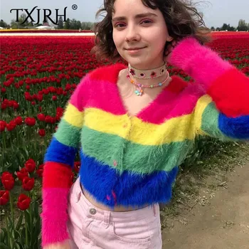 

TXJRH Korea Kawaii Girl Rainbow Striped Mohair Fluffy Single-breasted Cardigan Short Jumper Sweater Harajuku Knitted Crop Tops