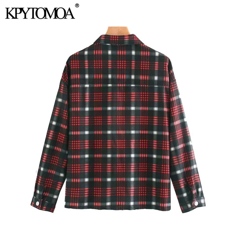  Vintage Stylish Pockets Plaid Blouses Women 2020 Fashion Lapel Collar Long Sleeve Female Shirts Blu