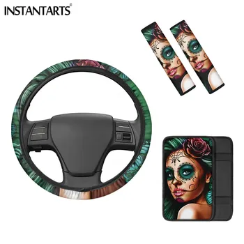 

INSTANTARTS Luxury 4pcs Day of the Dead Girl Pattern Easy Clean Car Seat Belt Covers Car Interior Decor Shoulder Strap Pads Gift