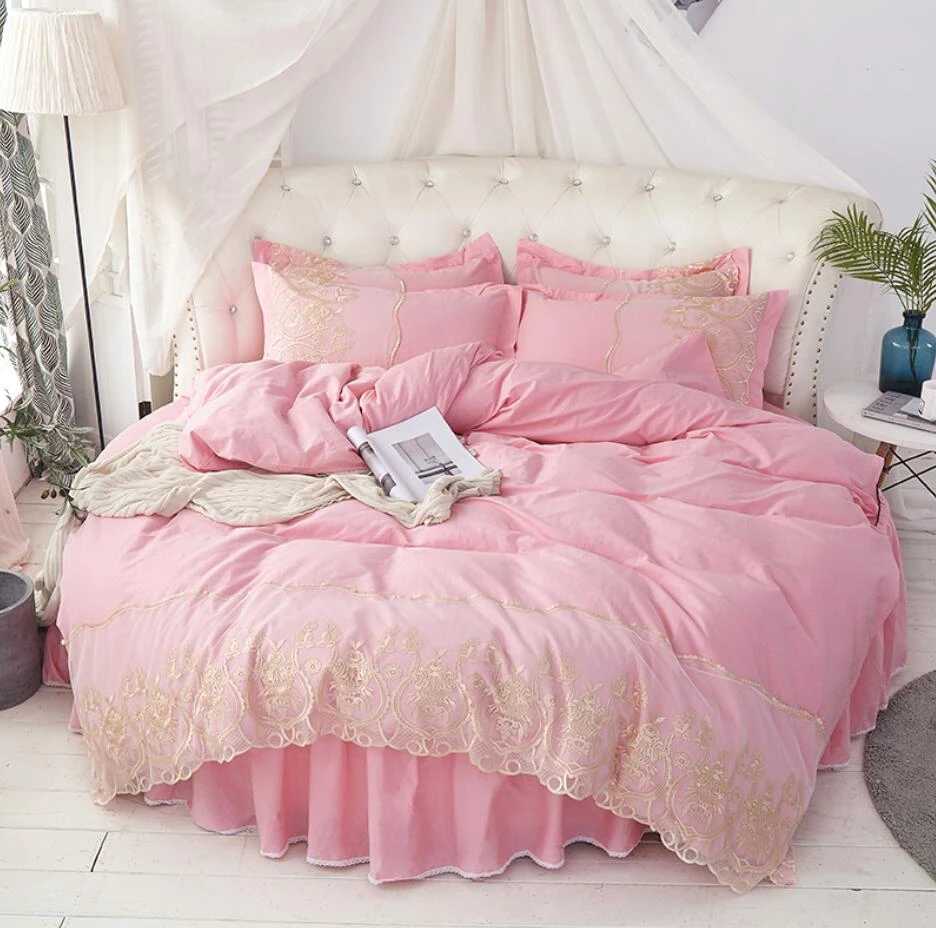 100% Cotton 200cm 220cm Round Bed 4 PCS  Active Print Embroidery Lace Edge Pillowcase & Duvet Cover Fitted Sheet Sets