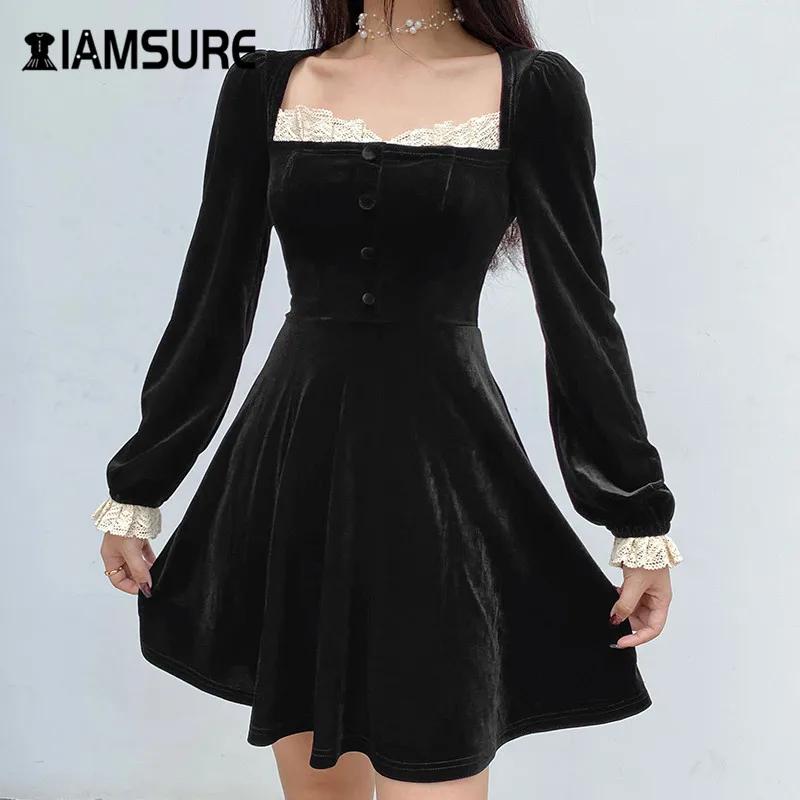 

IAMSURE 2020 Autumn Korean Streetwear Fashion Lace Edge Women Fit And Flare Dress Square Collar Long Sleeve Female Mini Dresses
