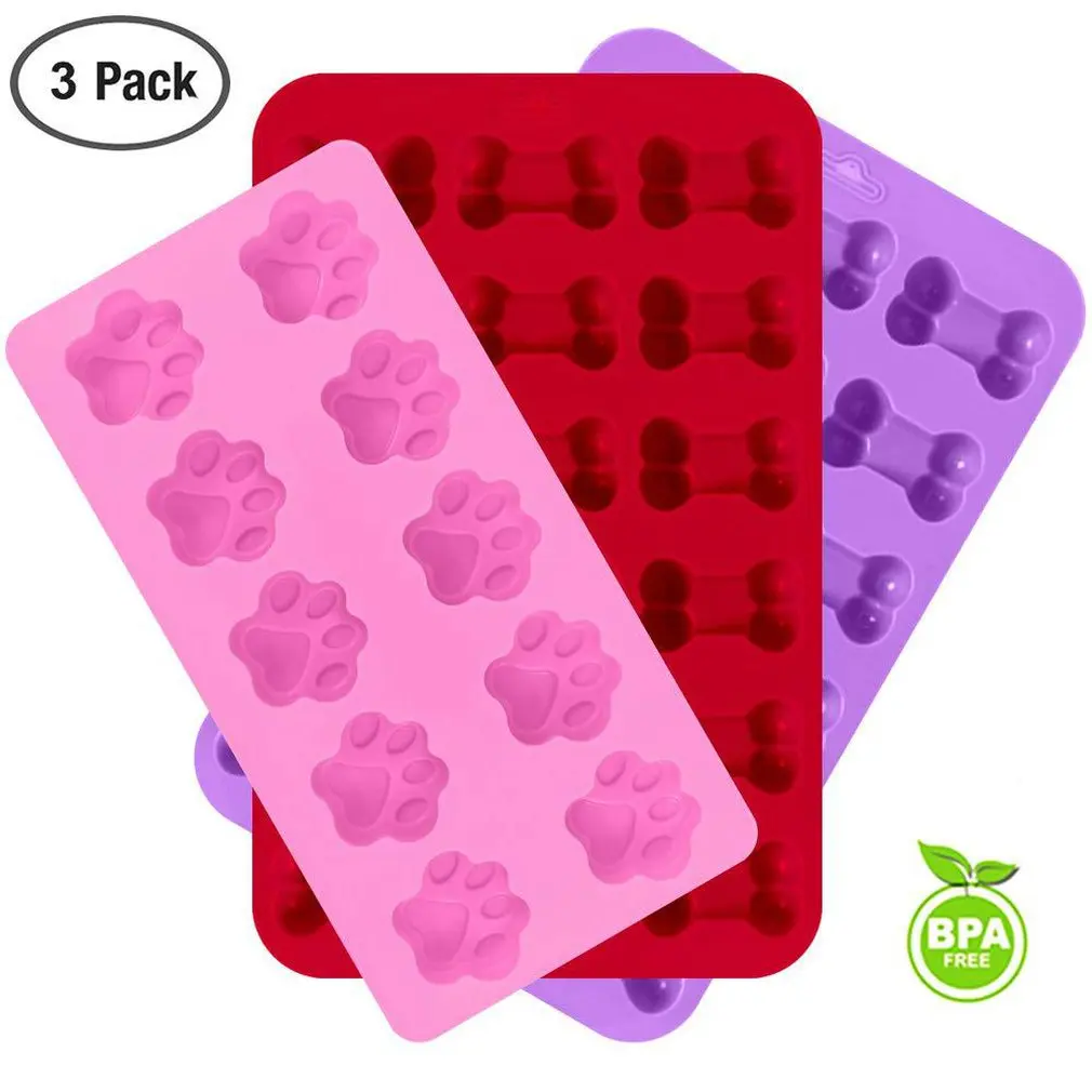 

3 Pack Silicone Ice Mold Trays with Puppy Dog Paw and Bone Shape Reusable Bakeware Maker for Baking Chocolate Candy