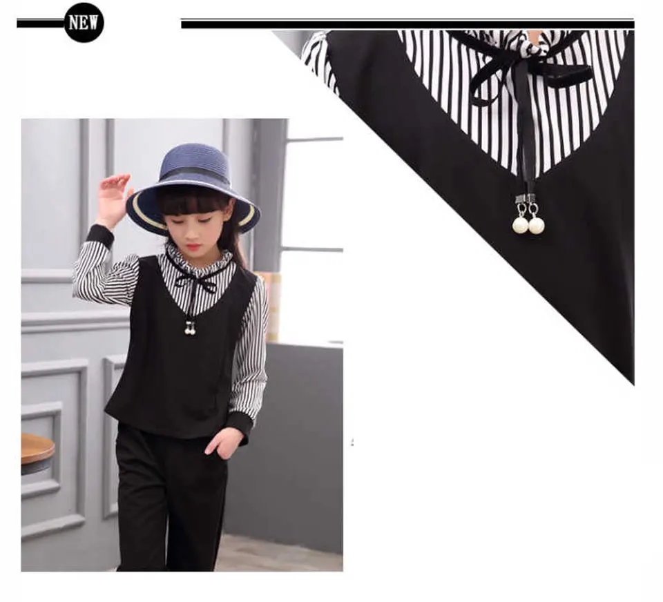 Новинка года, Модный комплект одежды из 2 предметов для маленьких девочек, весенне-осенний комплект одежды с длинными рукавами, Полосатое пальто с галстуком-бабочкой+ штаны, комплект одежды, От 4 до 12 лет