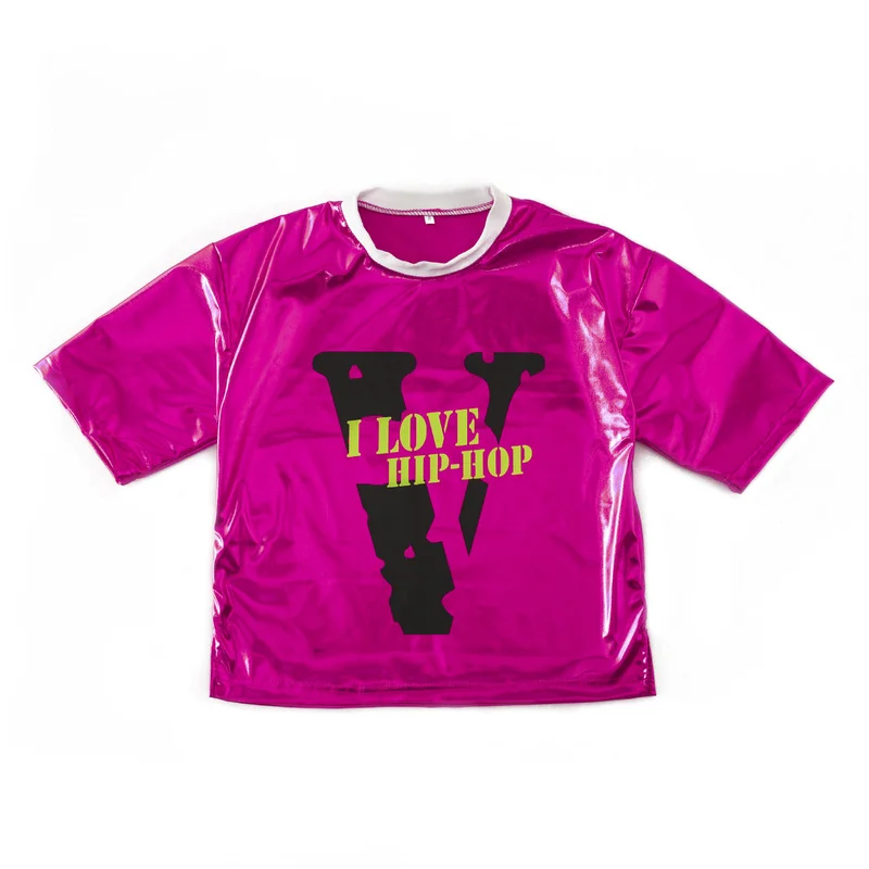 Детские костюмы в стиле хип-хоп с короткими рукавами розового и золотого цвета для девочек, танцевальные костюмы Ds, одежда для бальных танцев - Цвет: T shirt Rose