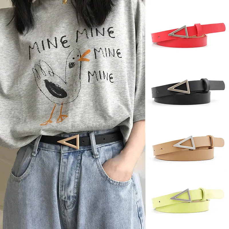 

Fashion Women Leather Thin Belt Silver Triangle Snap Buckle Waist Strap Personality Retro Decoration Ladies Dress Jeans Belts