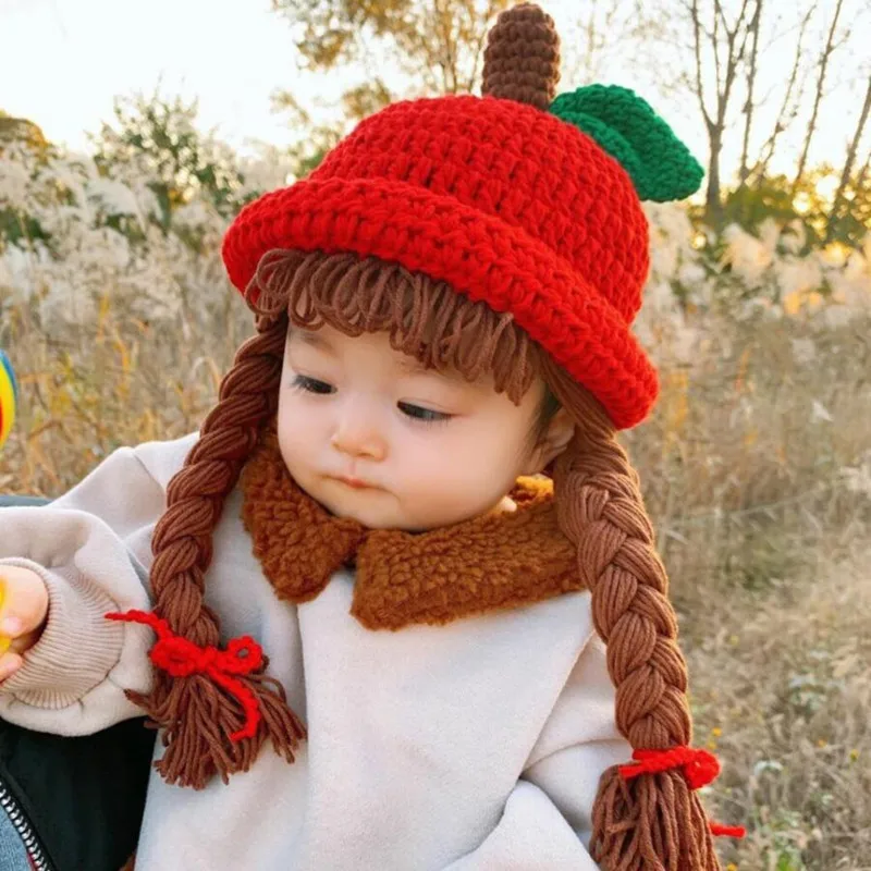 Cute Apple Shape Baby Girl Bucket Hat Hair Pigtail Braid Wig Cap - Main Image