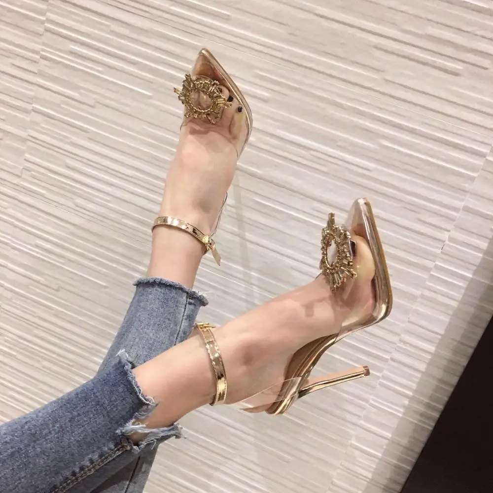 Plus Size 35-41 Gold Silver PVC Transparent Pumps Sandals Elegant Pointed Toe Rhinestion High Heels Wedding Shoes Buckle Strap P | Обувь