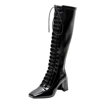 

2020 New Square Toe Stretch Knee-High Boots Patent Leather High Heel Croee-Tied Women Shoes Spring Autumn Botas Feminina 7.5CM