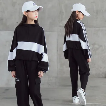 

Teen Young Girls Clothing Set Kid Tracksuit Cool Girl Sweat Track Pant 2pcs Set Black White Sport Suit Girl Outfits Streetwear