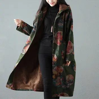 

Retro Ethnic Autumn and Winter New Print Loose Large Size Long Woolen Plus Velvet Thick Cardigan Windbreaker Jacket Female f2065