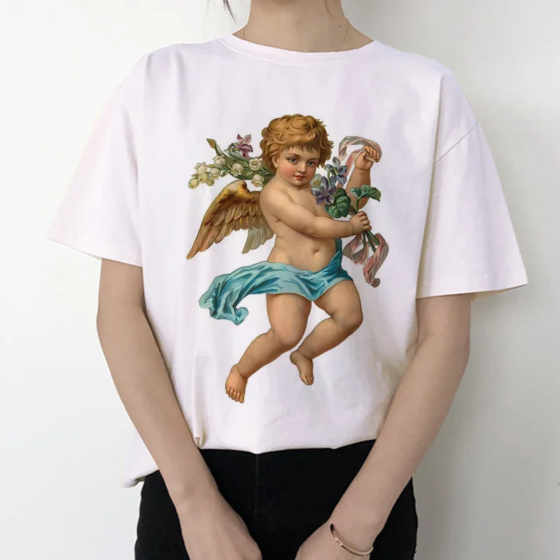 Футболка ангела Женская Kawaii печать 90s модная, с короткими рукавами женская забавная футболка винтажная мода футболка футболки с забавным принтом Ullzang