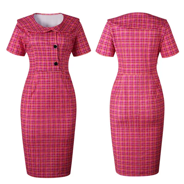 

Plus Size Women Dress Vintage African Clothing Summer Retro 50s 60s Plaid Checked Dress Female Party Dresses Pink Tunic Vestidos